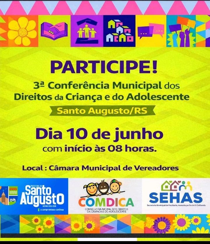 3ª Conferência Municipal dos Direitos da Criança e do Adolescente será realizada em Santo Augusto