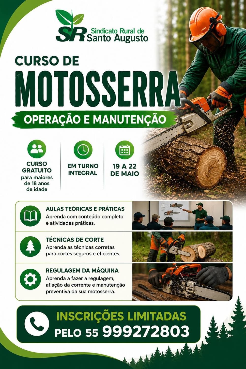 Sindicato Rural abre inscrições para curso gratuito de operação e manutenção de motosserra